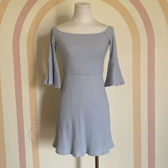 NBD Revolve Seduire Mini Light Blue Dress Off The Shoulder Ribbed Size Small - Picture 4 of 16
